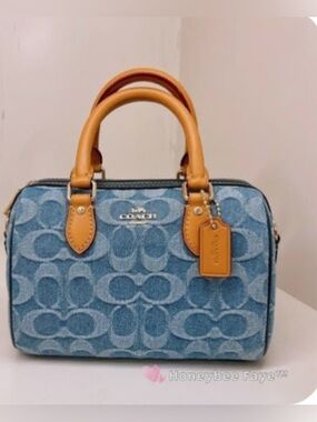 Mini Coach Rowan Blue Denim Satchel with Tan Leather Handles
